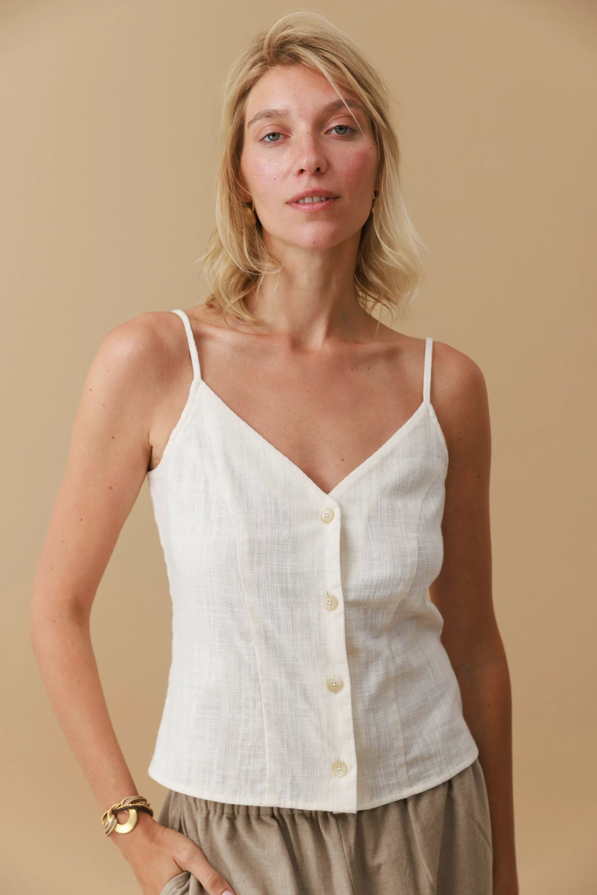 Textured V Neck Button Top